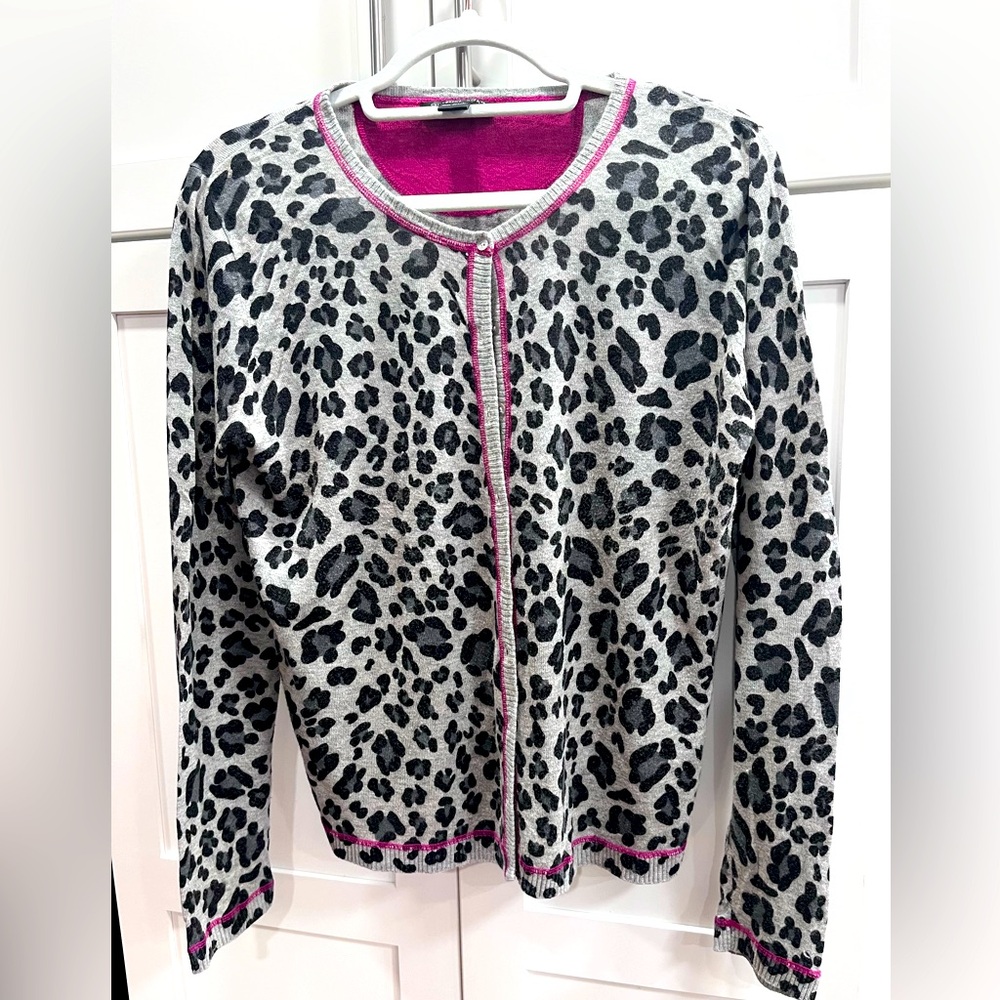 August Silk Cardigan, light-weight cardigan, leopard print w/ fuchsia details